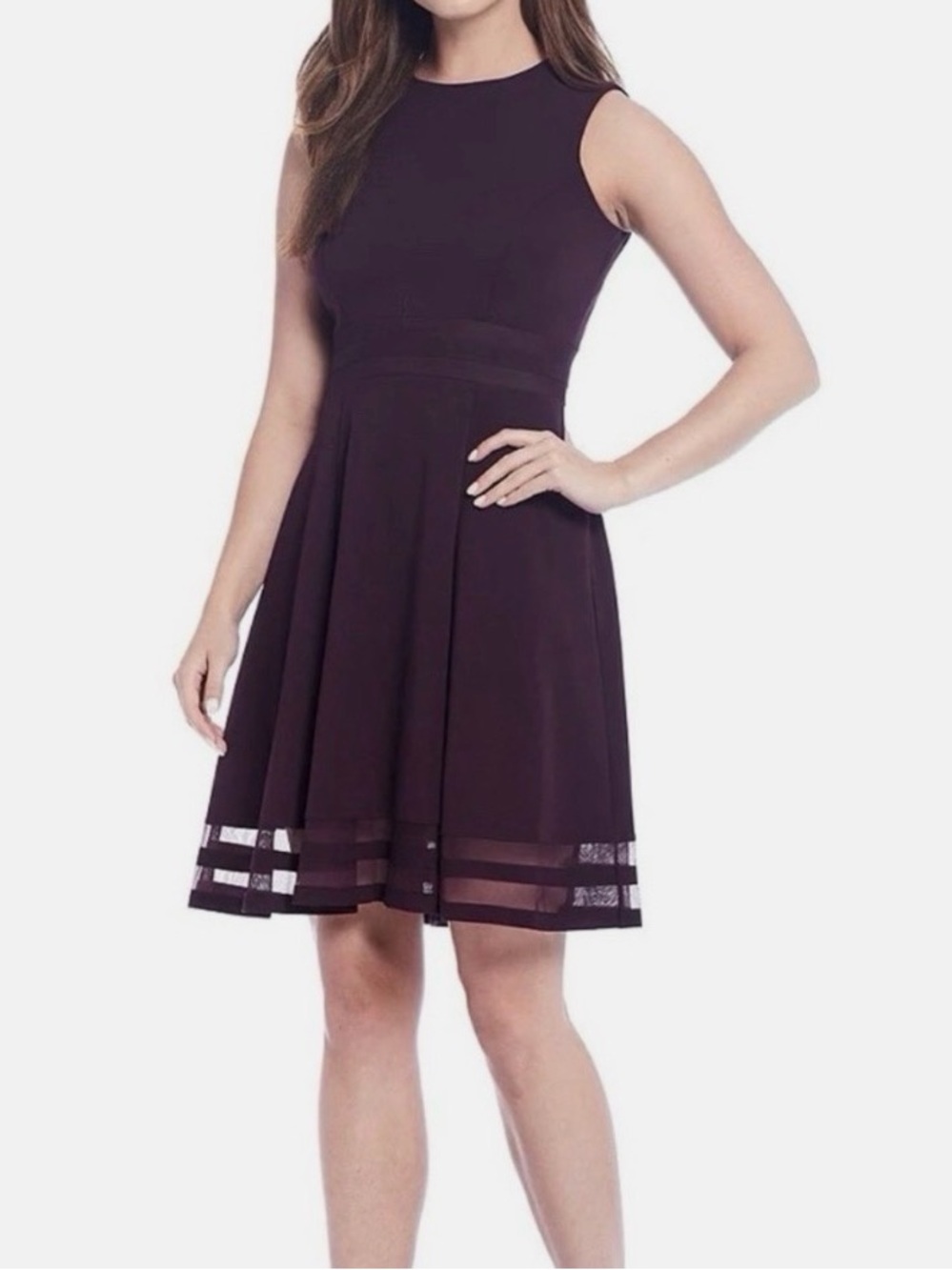 Calvin Klein Sleeveless Fit and Flare Midi Dress with Mesh Hem Black Size 12